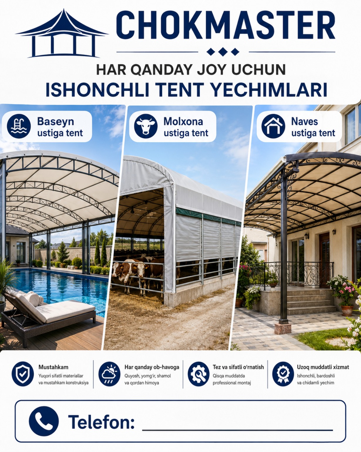 Basseyn, molxona va naves uchun tent yechimlari